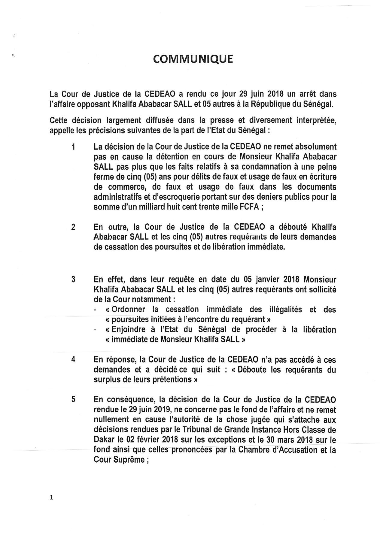 Affaire Khalifa Sall: Les précisions de l'Etat du Sénégal sur la décision de la Cour de Justice de la Cedeao (documents)
