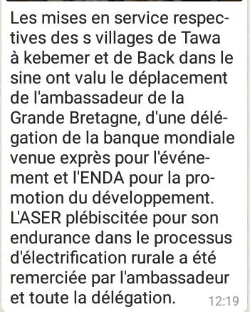 Électrification rurale ASER : Les mises en service respectives des villages de Tawa et Back dans le Sine