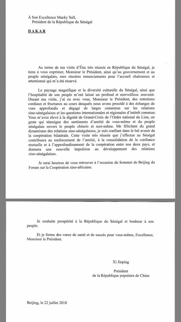 Document-Lettre de remerciements du Président chinois Xi Jinping à son homologue Macky Sall...