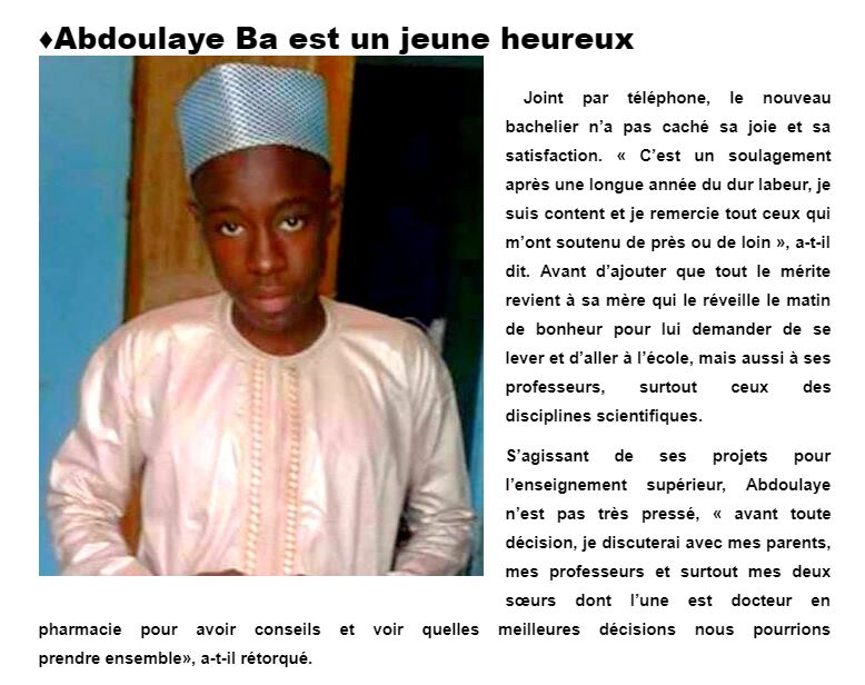 Matam : Admis au Bac avec la Mention Très Bien, Chapeau Bâ Abdoulaye