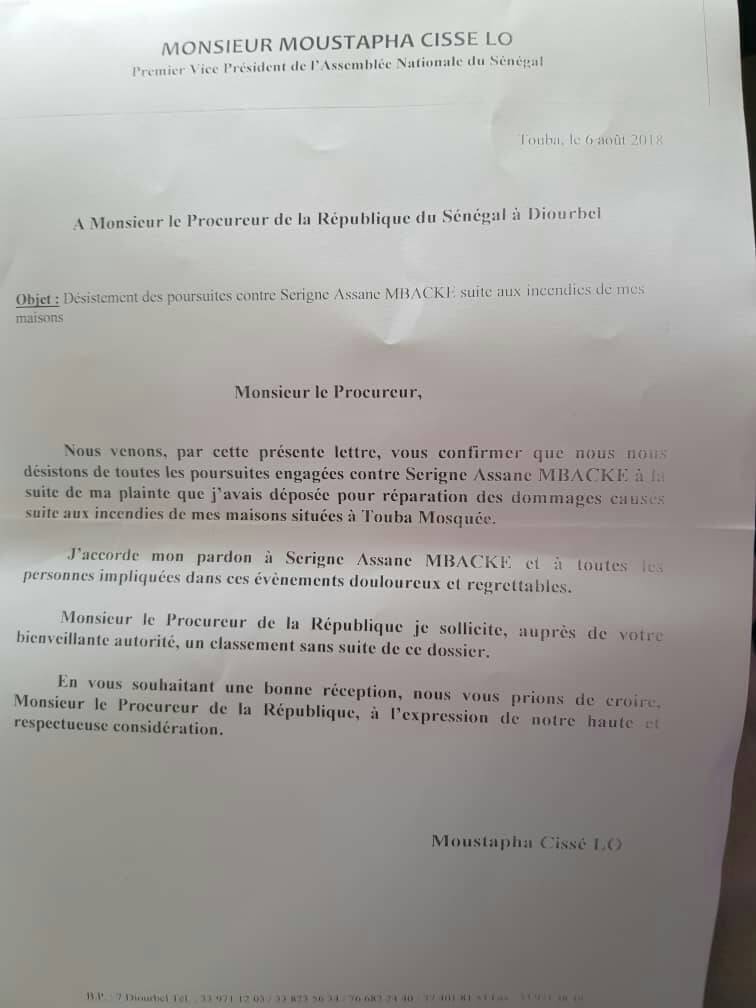 Affaire Assane Mbacké : Moustapha Cissé Lô écrit au procureur de la République ( Document)