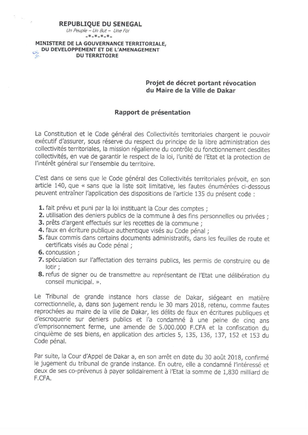 URGENT : Khalifa Sall révoqué de ses fonctions de Maire de Dakar par décret 2018-1701 (documents)