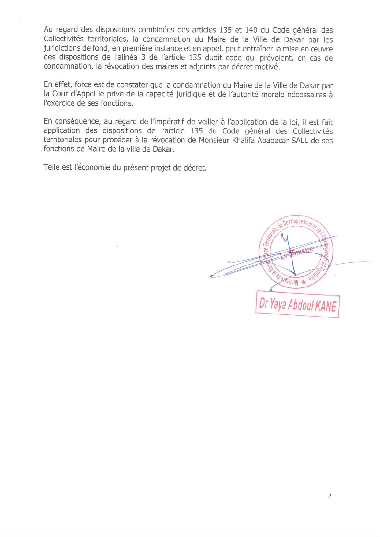 URGENT : Khalifa Sall révoqué de ses fonctions de Maire de Dakar par décret 2018-1701 (documents)