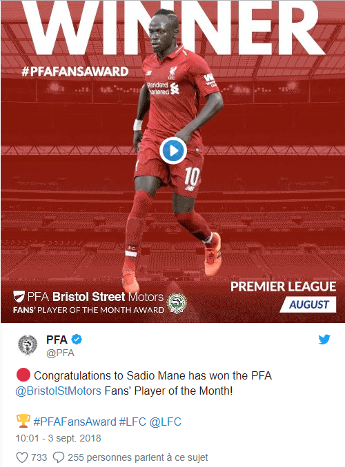 Sadio Mané remporte le titre de meilleur joueur du mois d'août