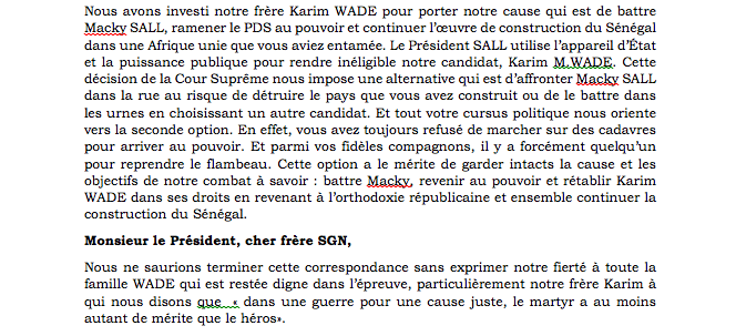 Risque de rejet de la candidature de Karim Wade: Voici la lettre des élus libéraux, envoyée à Wade