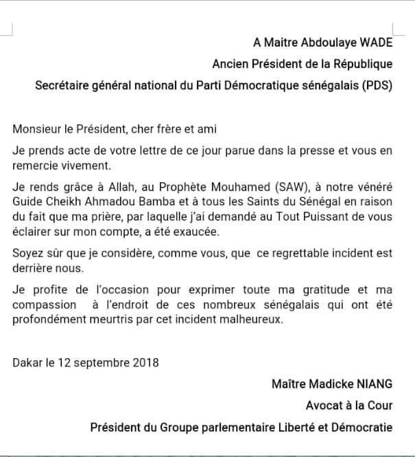 Réponse de Madické à Wade: "Soyez sûr que je considère, comme vous, que  ce regrettable incident est derrière nous"