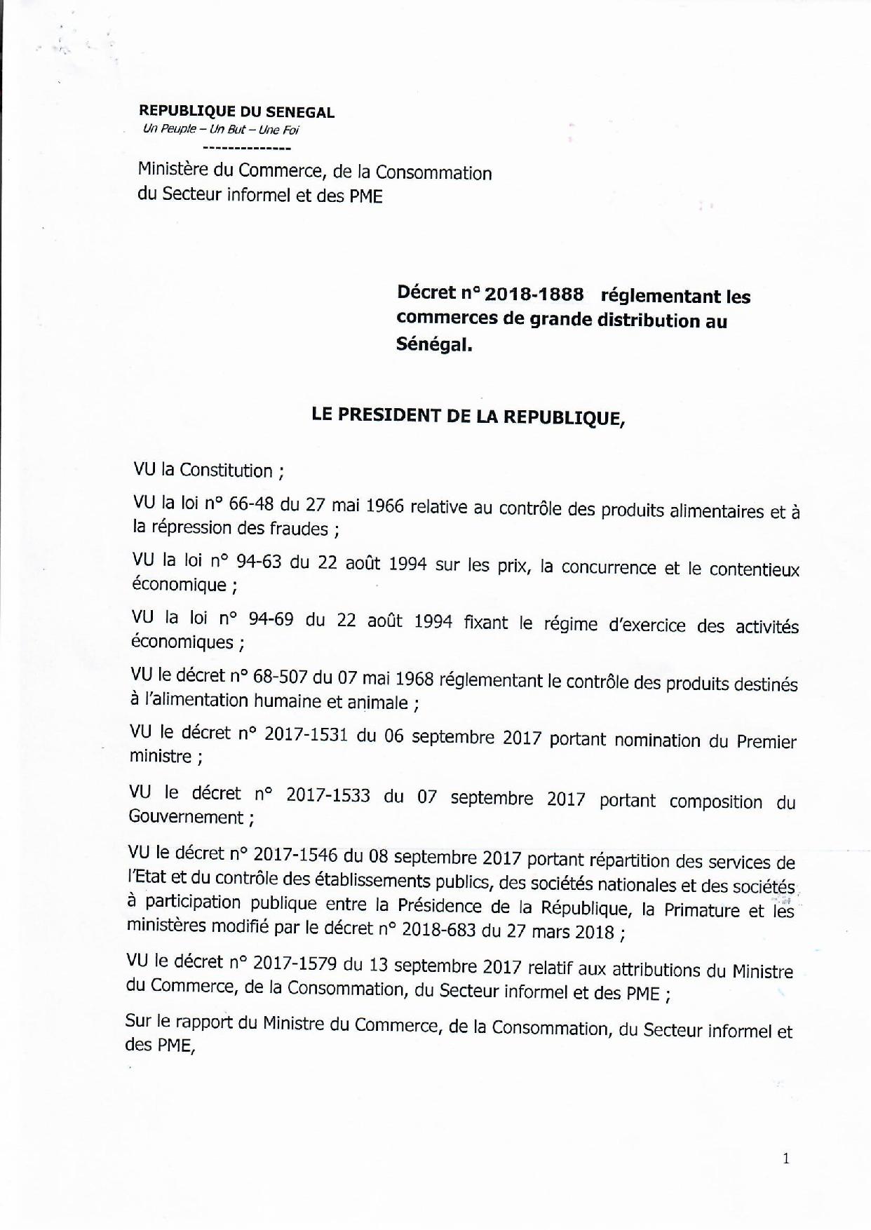  Décret 2018 1888 réglementant les commerces de grande distribution au Sénégal (document)