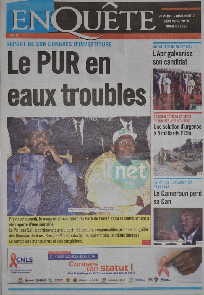 Les UNES des journaux du samedi 01 décembre 2018 www.leral.net