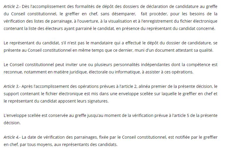 Décision n°1/2018 portant mise en place d'un dispositif de vérification des parrainages et fixant les modalités de son fonctionnement (document)