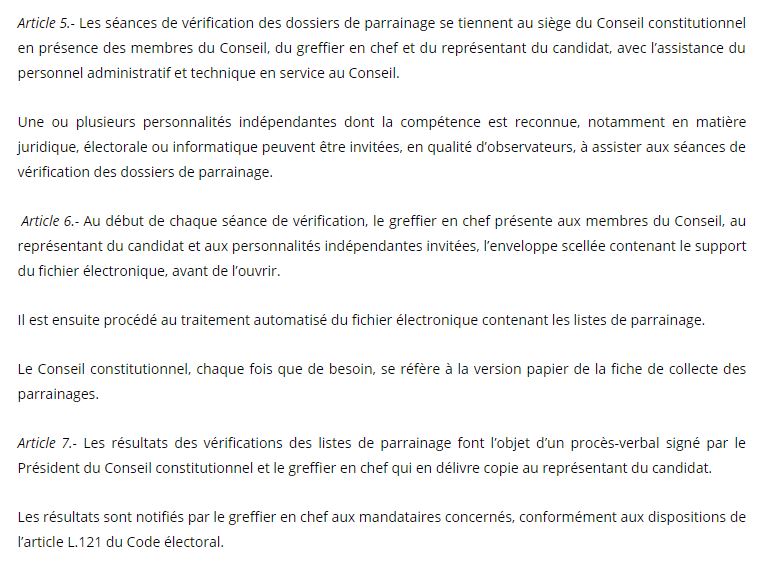 Décision n°1/2018 portant mise en place d'un dispositif de vérification des parrainages et fixant les modalités de son fonctionnement (document)