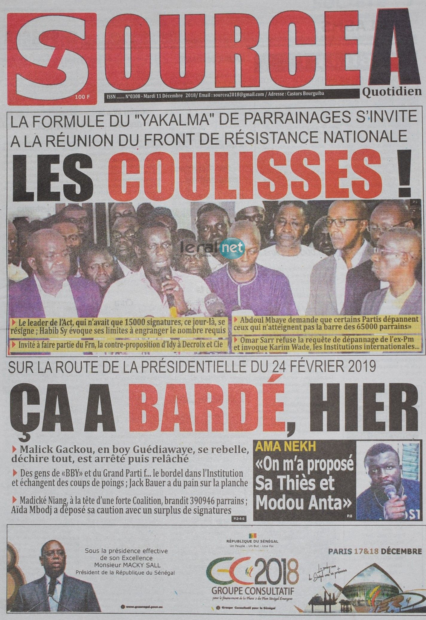 Voici les UNES des journaux du mardi 11 décembre 2018 www.leral.net