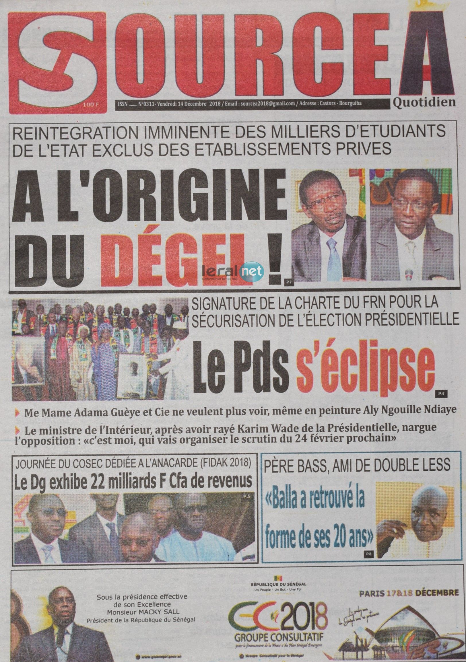 Voici les UNES des journaux du vendredi 14 décembre 2018 www.leral.net