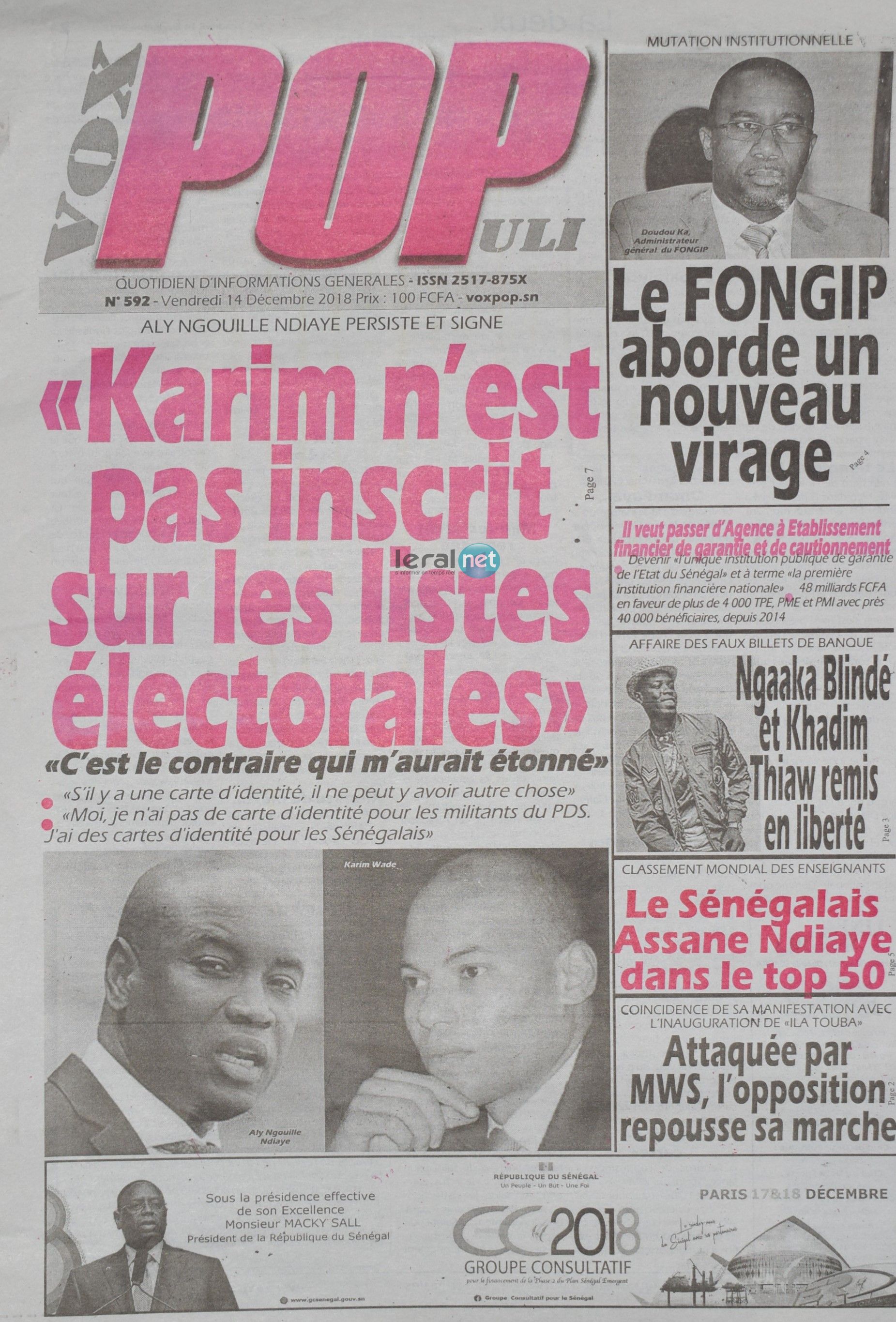 Voici les UNES des journaux du vendredi 14 décembre 2018 www.leral.net