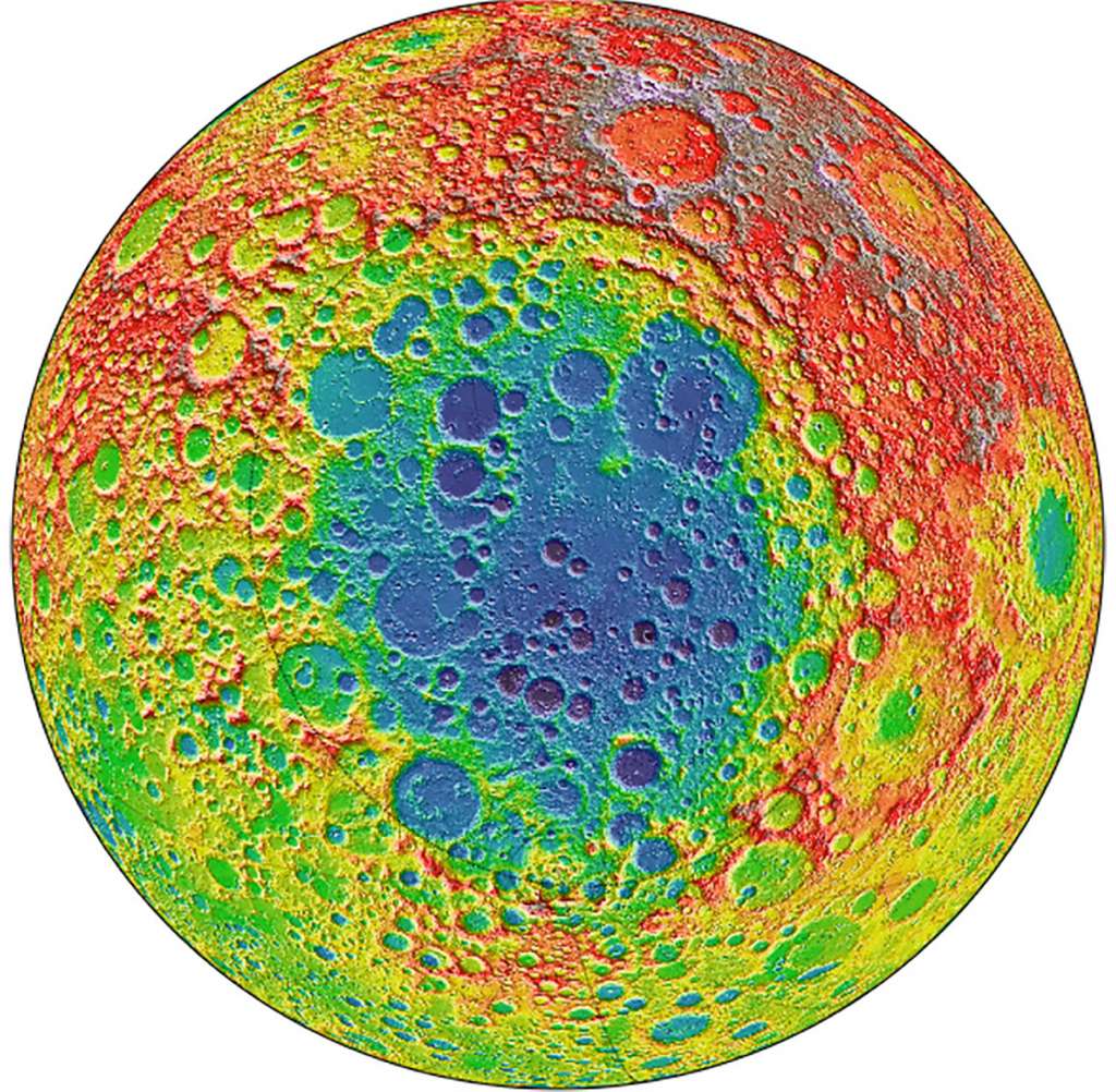 Cette image antiémétique est centrée sur le bassin Aitken, au pôle sud à l'intérieur duquel doit alunir le rover de la mission chinoise Chang'e 4. Les zones en bleues sont les régions les plus profondes. Quinze kilomètres séparent le point le plus bas du plus haut. © Nasa, Centre spatial Goddard