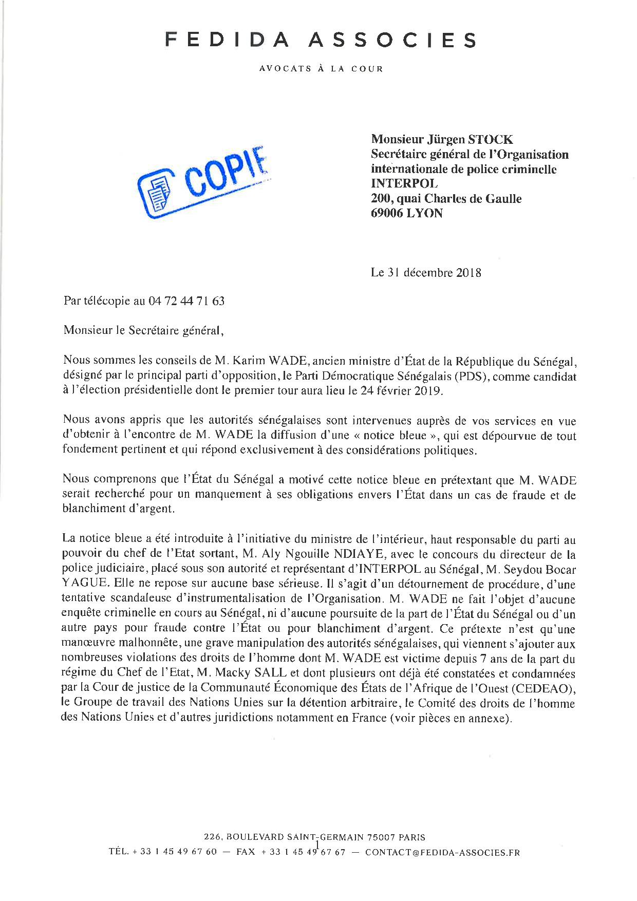 URGENT : La lettre des avocats de Karim Wade à Interpol