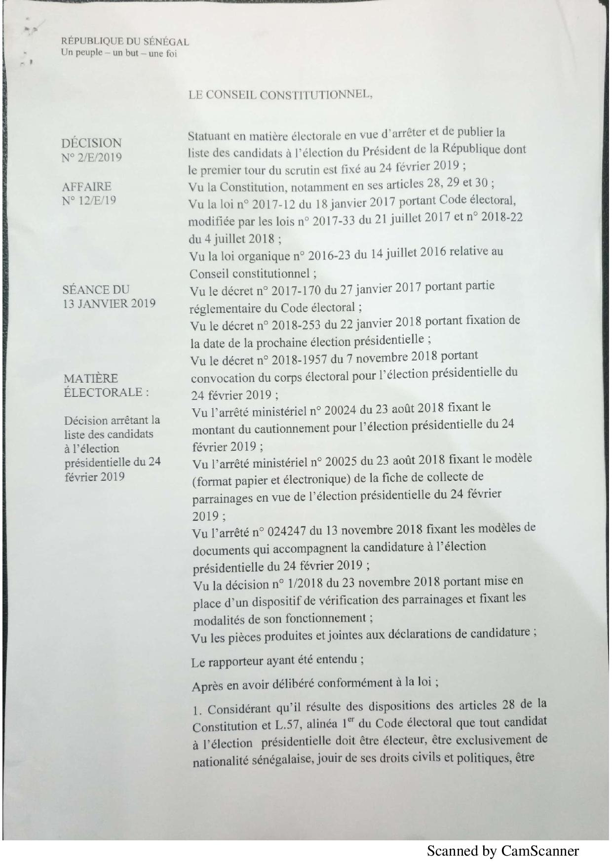 L'intégralité de la décision du Conseil constitutionnel à propos de la liste des candidats de la présidentielle 2019 (document)