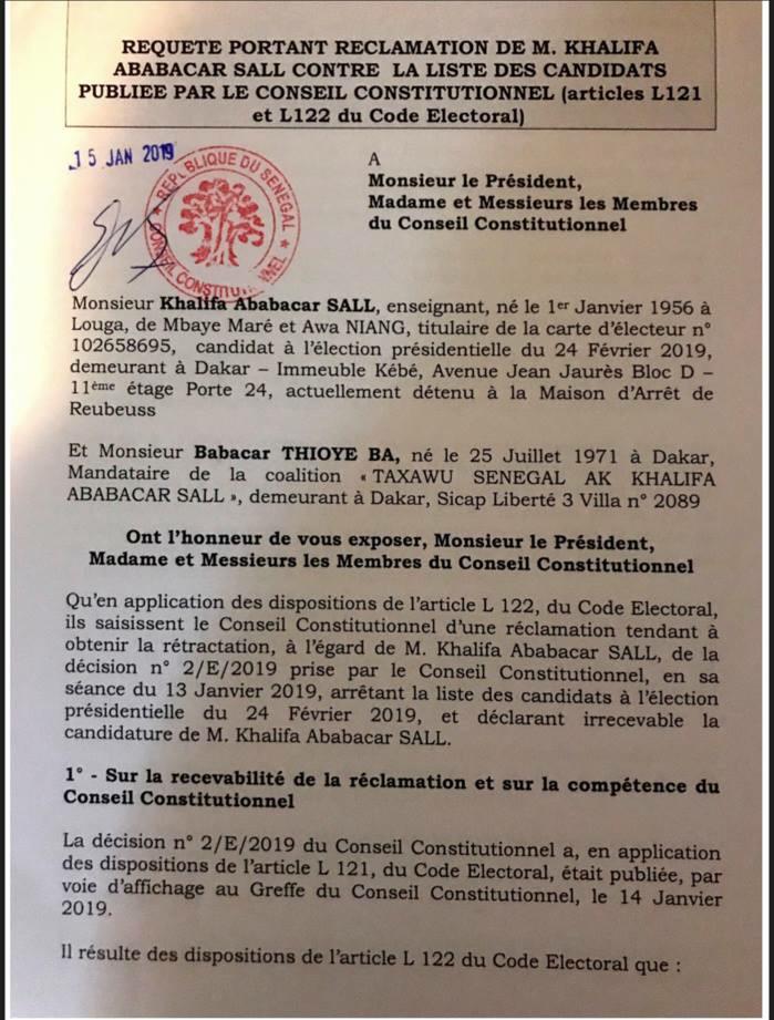 Invalidation de sa candidature au Conseil constitutionnel : l'intégralité du recours de Khalifa Sall (Document)