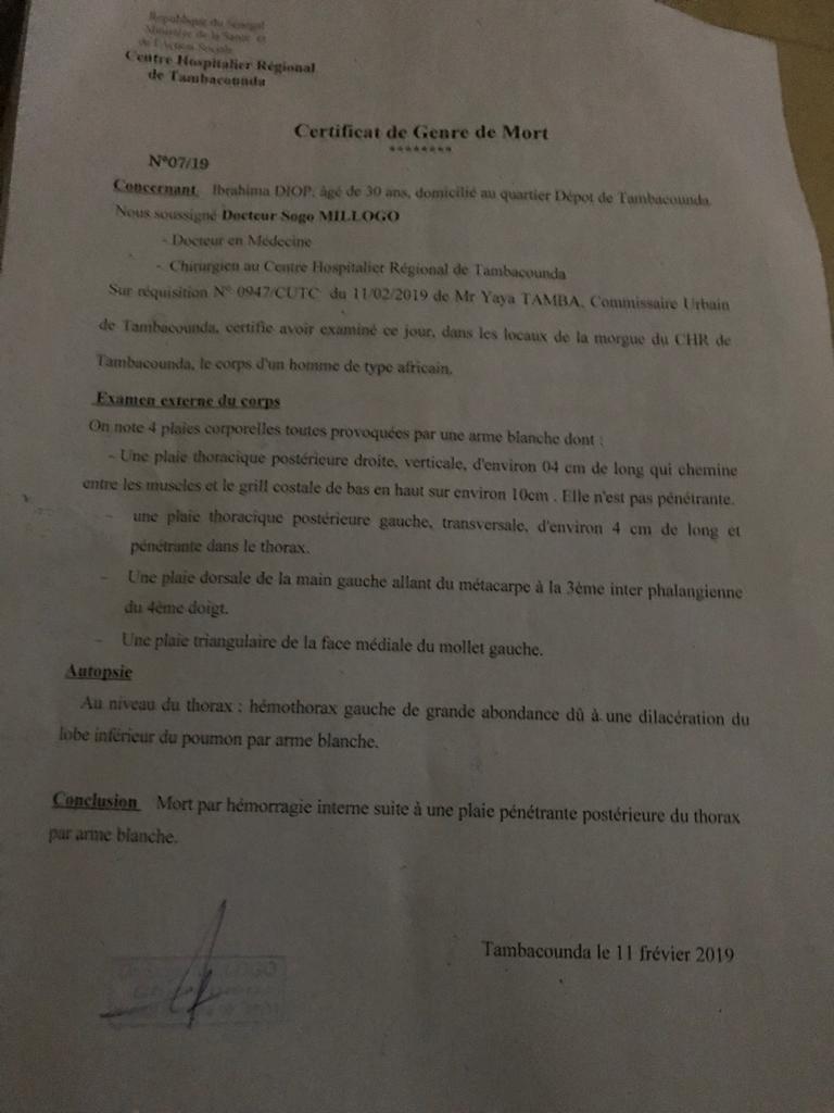 Affrontements à Tamba: Ibrahima Diop est mort d’une hémorragie interne