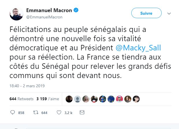 Emmanuel Macron félicite Macky Sall sur Twitter