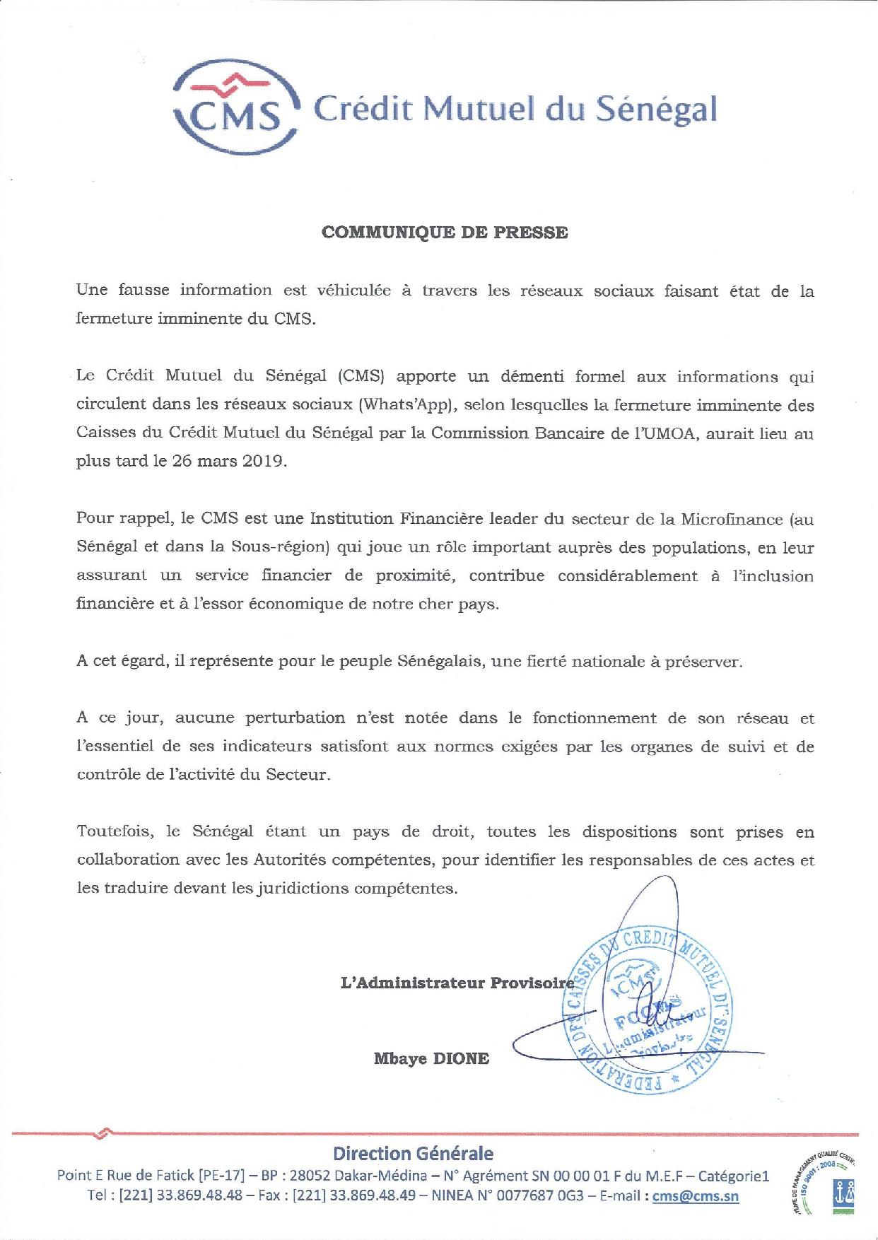 Le CMS dément la rumeur sur la fermeture de ses Caisses (Communiqué)