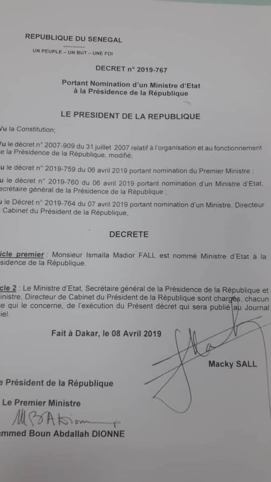 Ismaïla Madior Fall nommé ministre d'Etat à la Présidence de la République (document)