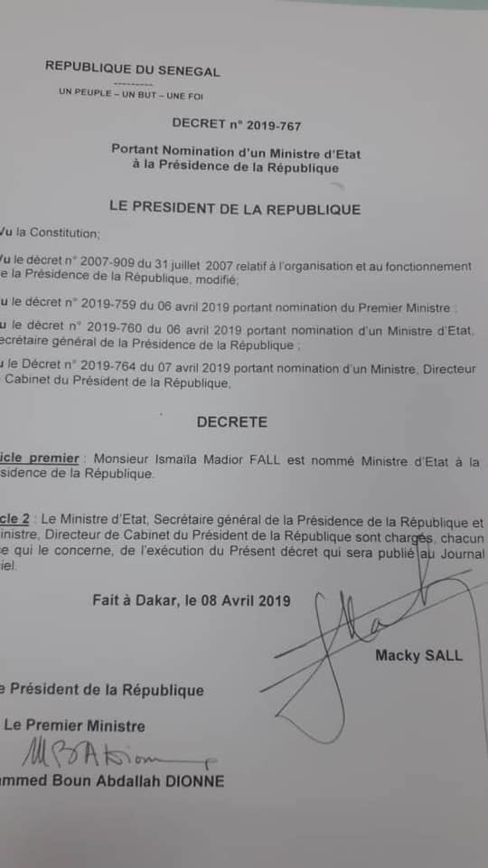 Ismaïla Madior Fall nommé ministre d'Etat à la Présidence de la République (document)
