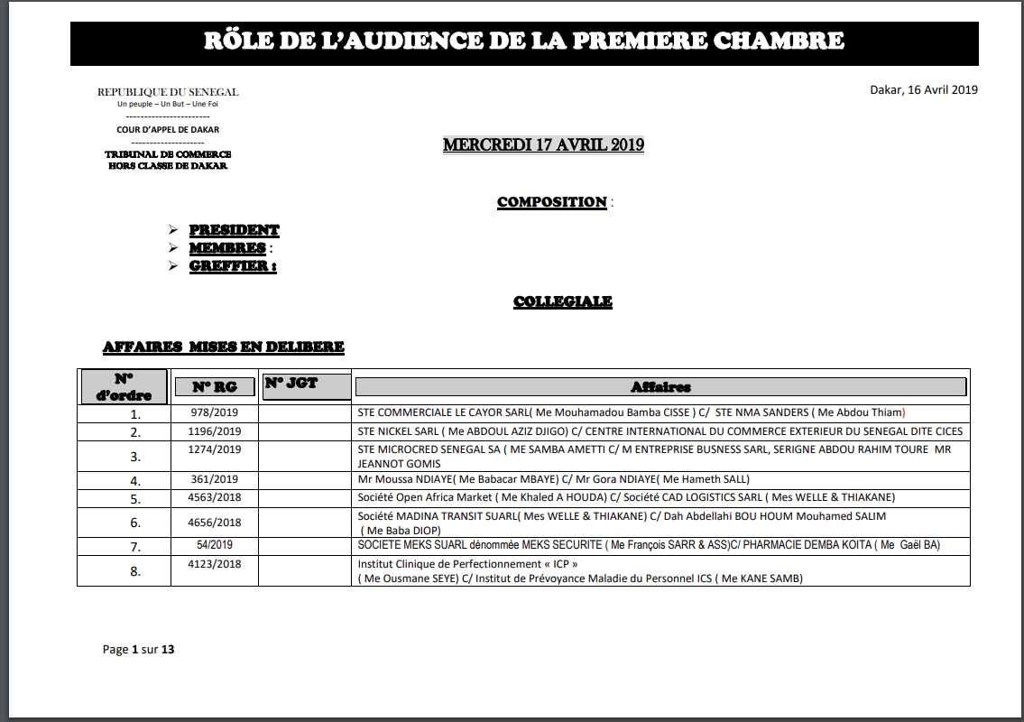 ROLE DE L'AUDIENCE DE LA PREMIERE CHAMBRE DU TRIBUNAL DE COMMERCE