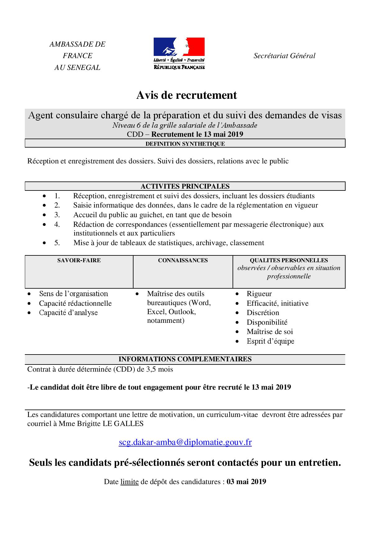 Avis de recrutement : Agent consulaire chargé de la préparation et du suivi des demandes de visas