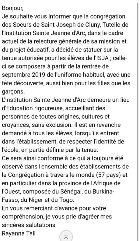 Scandale à Dakar : L’institution Jeanne d’Arc de Dakar interdit aux élèves voilées de rentrer dans l’Etablissement ( Preuve )
