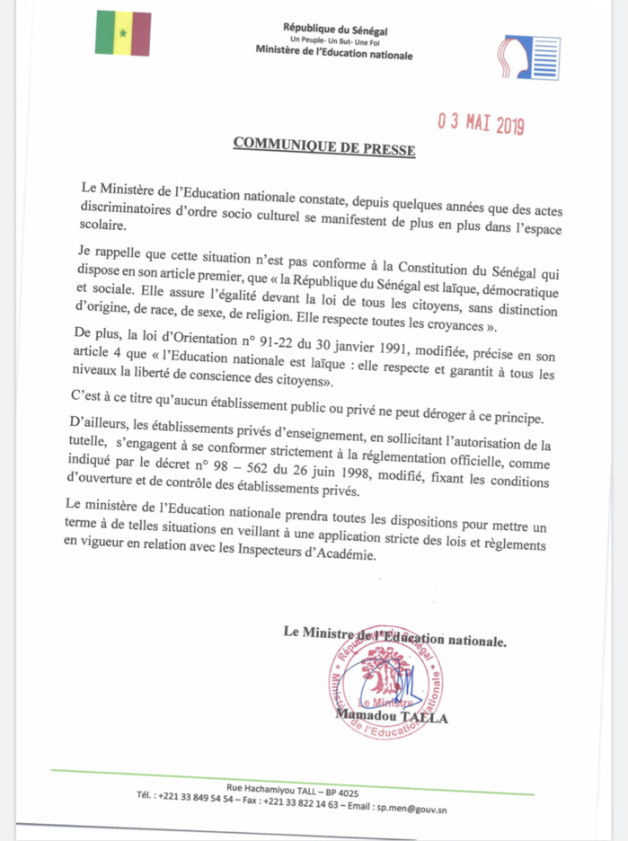 Actes discriminatoires d’ordre socio-culturel dans les écoles : Le Ministère de l’Education nationale menace et précise