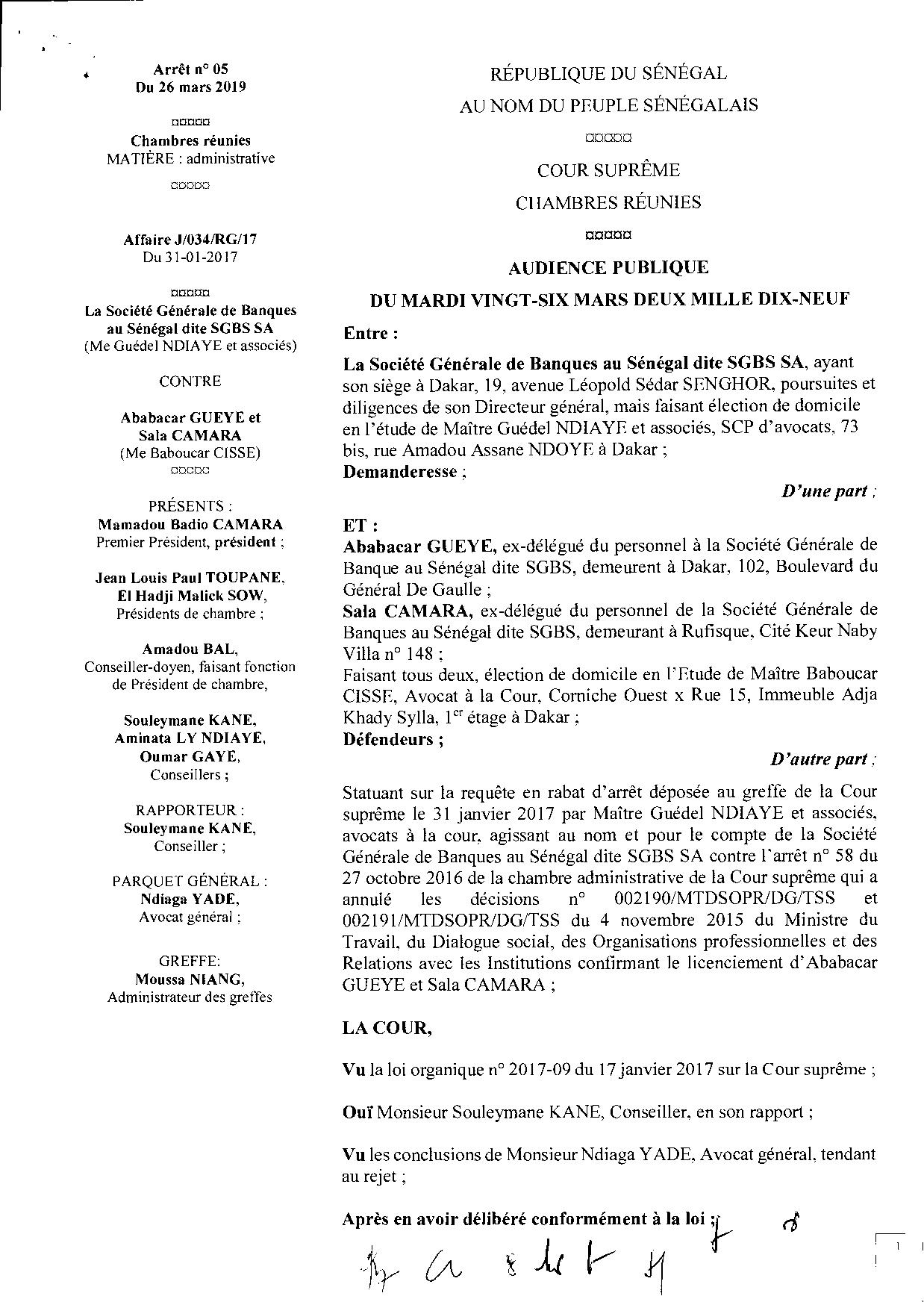 Sgbs : La Cour suprême annule définitivement le licenciement de Ababacar Guèye et de Sada Camara Sgbs : La Cour suprême annule définitivement le licenciement de Ababacar Guèye et de Sada Camara