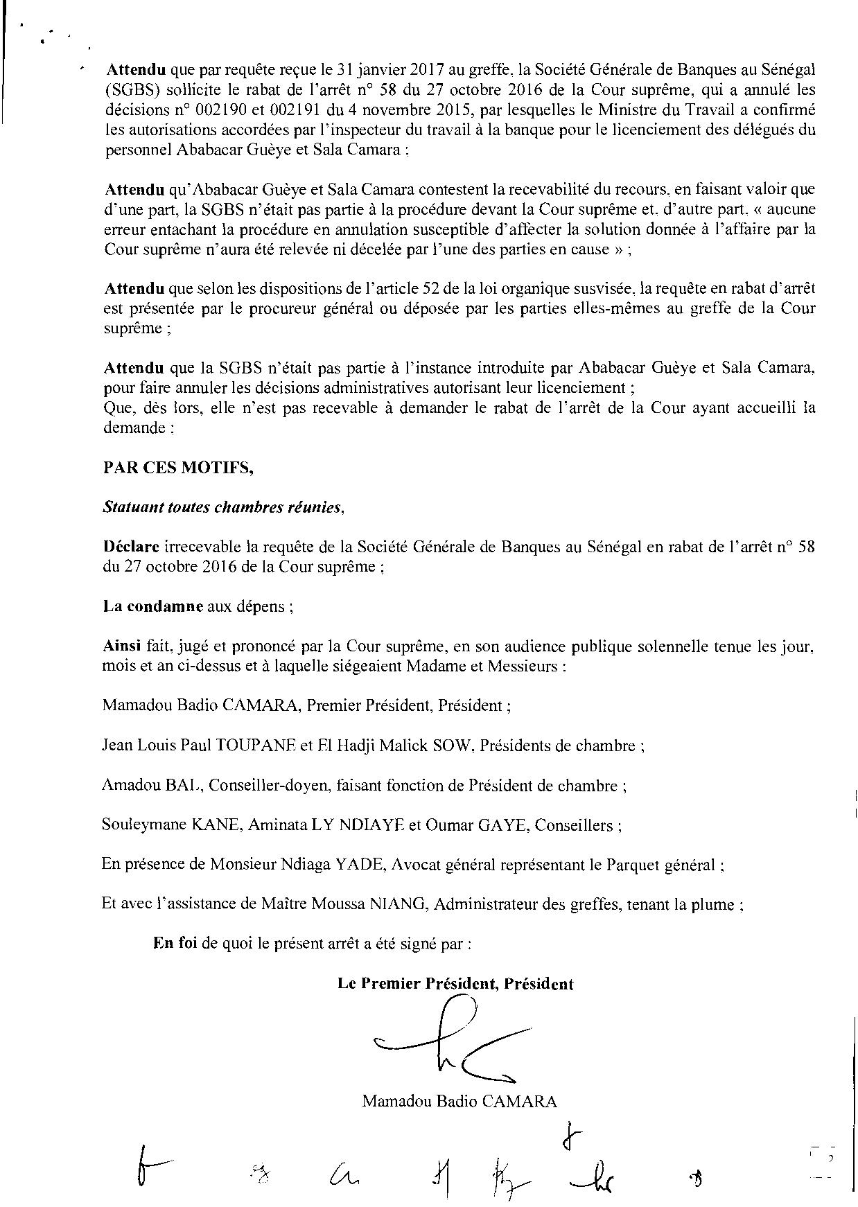 Sgbs : La Cour suprême annule définitivement le licenciement de Ababacar Guèye et de Sada Camara Sgbs : La Cour suprême annule définitivement le licenciement de Ababacar Guèye et de Sada Camara