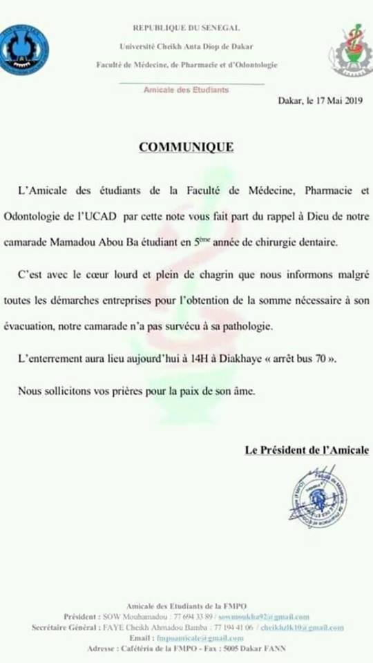 UCAD :  L'étudiant Mamadou Abdou Bâ est finalement décédé