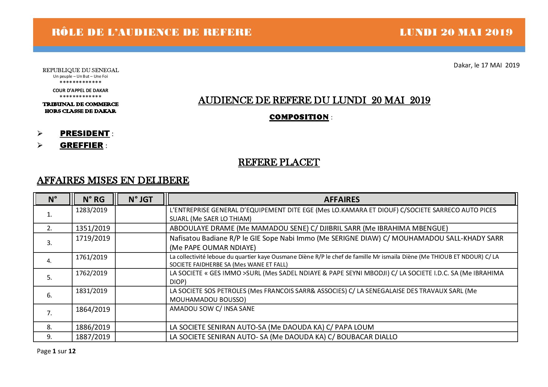 Rôle de l'audience de référé du Tribunal de Commerce hors classe de Dakar du 20 mai 2019