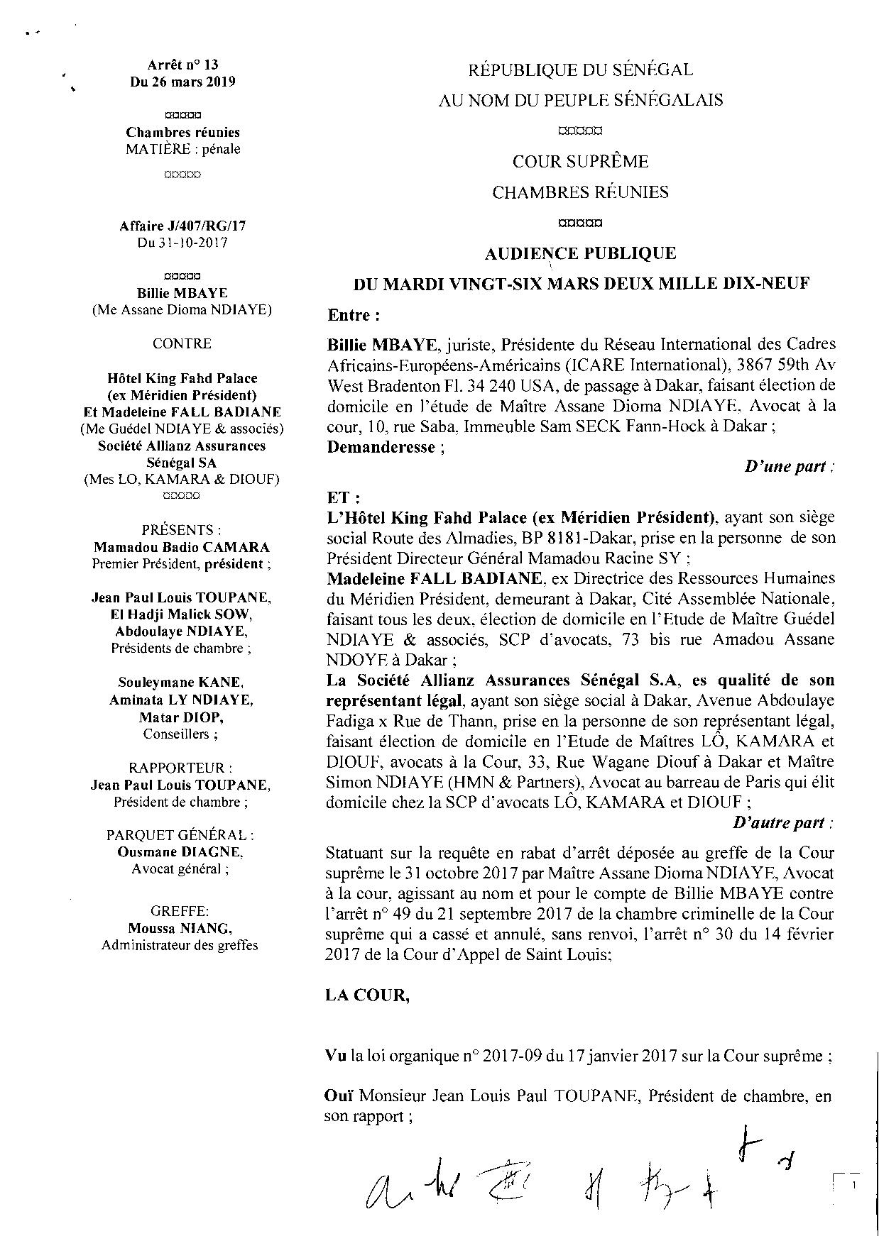Cour suprÃªme: La juriste Billie Mbaye dÃ©boutÃ©e de son procÃ¨s contre Racine Sy et lâhÃ´tel King Fahd Palace ( Documents )