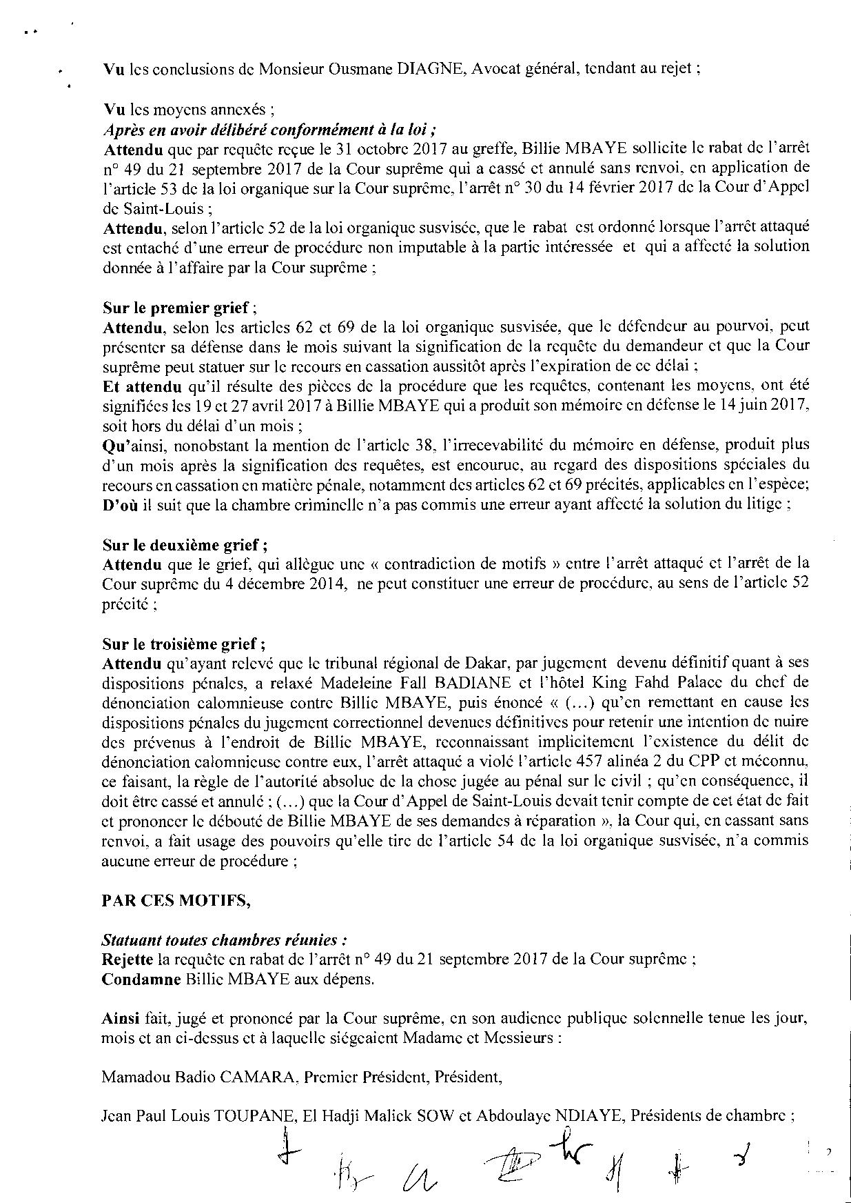 Cour suprÃªme: La juriste Billie Mbaye dÃ©boutÃ©e de son procÃ¨s contre Racine Sy et lâhÃ´tel King Fahd Palace ( Documents )