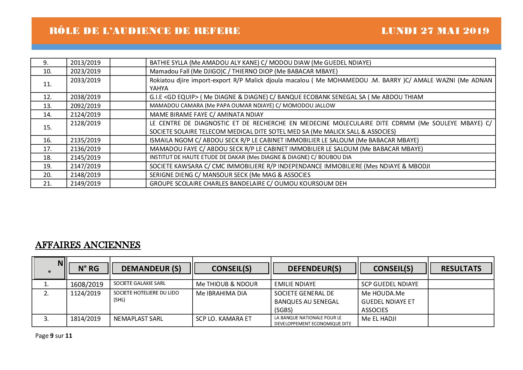 Rôle de l'audience de référé de ce lundi 27 mai 2019 Rôle de l'audience de référé de ce lundi 27 mai 2019