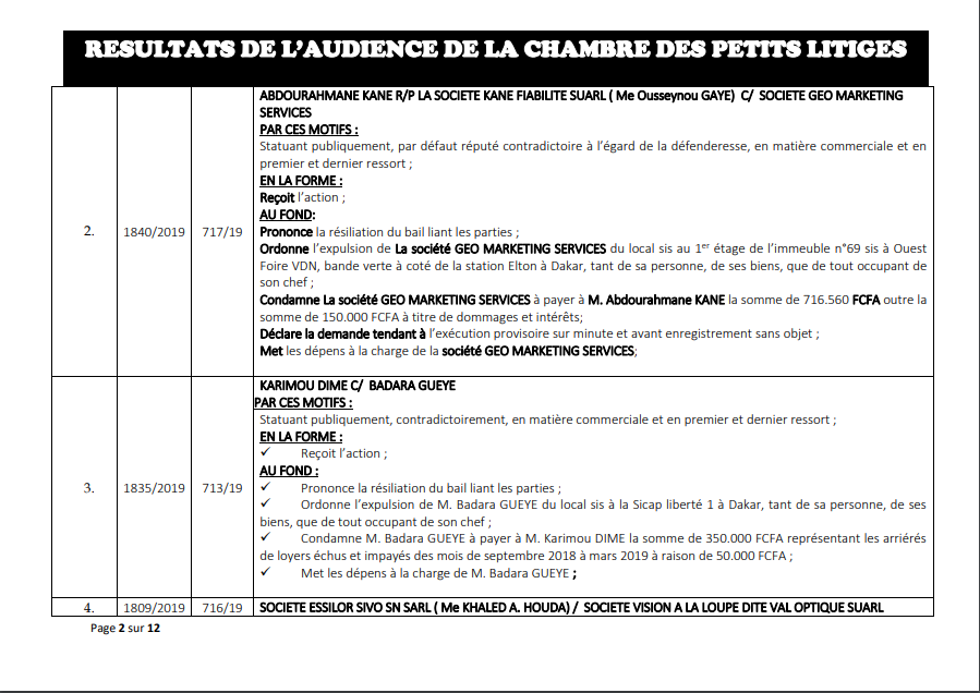 Chambre des petits litiges: Résultats des délibérés vidés le mardi 21 mai 2019