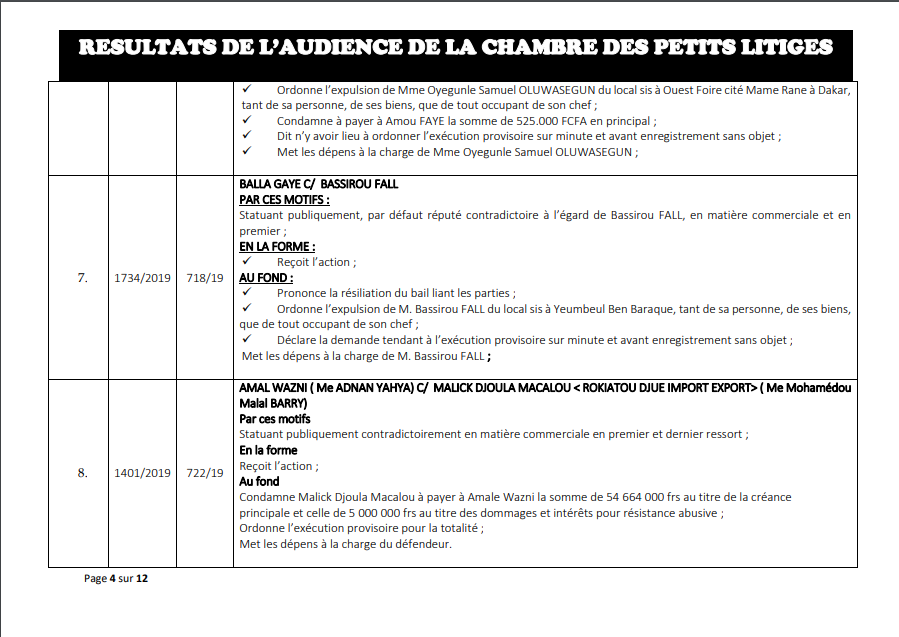 Chambre des petits litiges: Résultats des délibérés vidés le mardi 21 mai 2019