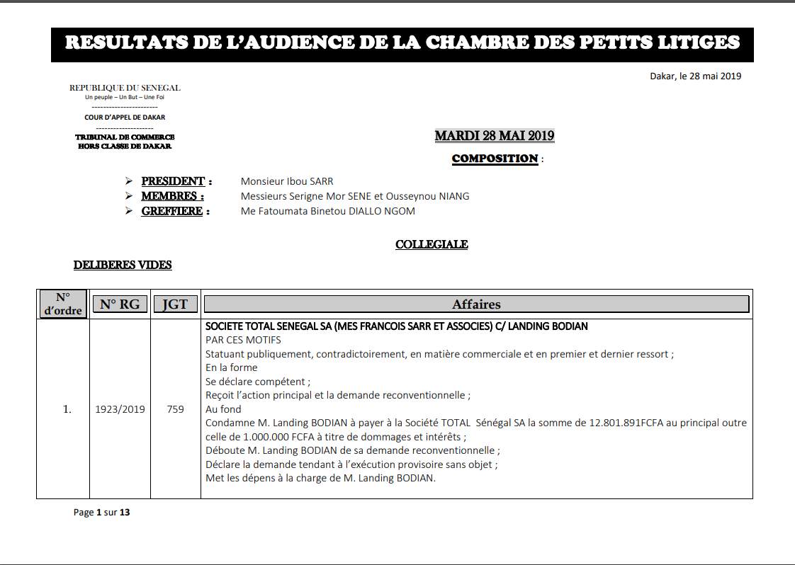 Chambre des petits litiges: Résultats des délibérés vidés le mardi 28 mai 2019