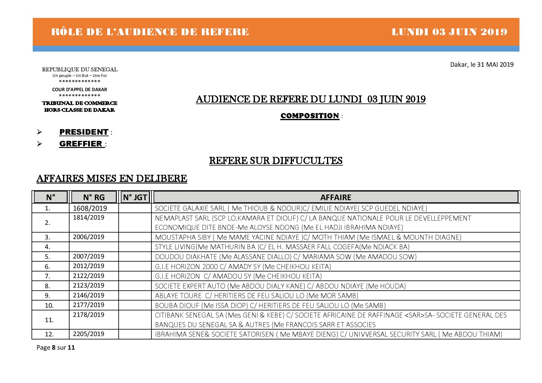 Audience de Référé de ce lundi 3 juin 2019 
