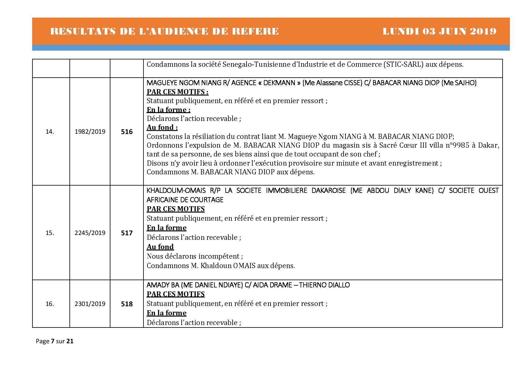 Délibérés de l'Audience de Référé de ce lundi 3 juin 2019