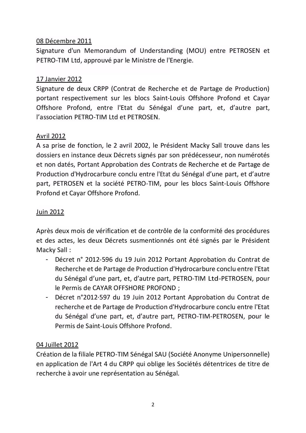 MEMORANDUM DU GOUVERNEMENT DE LA REPUBLIQUE DU SENEGAL  SUR LE PETROLE