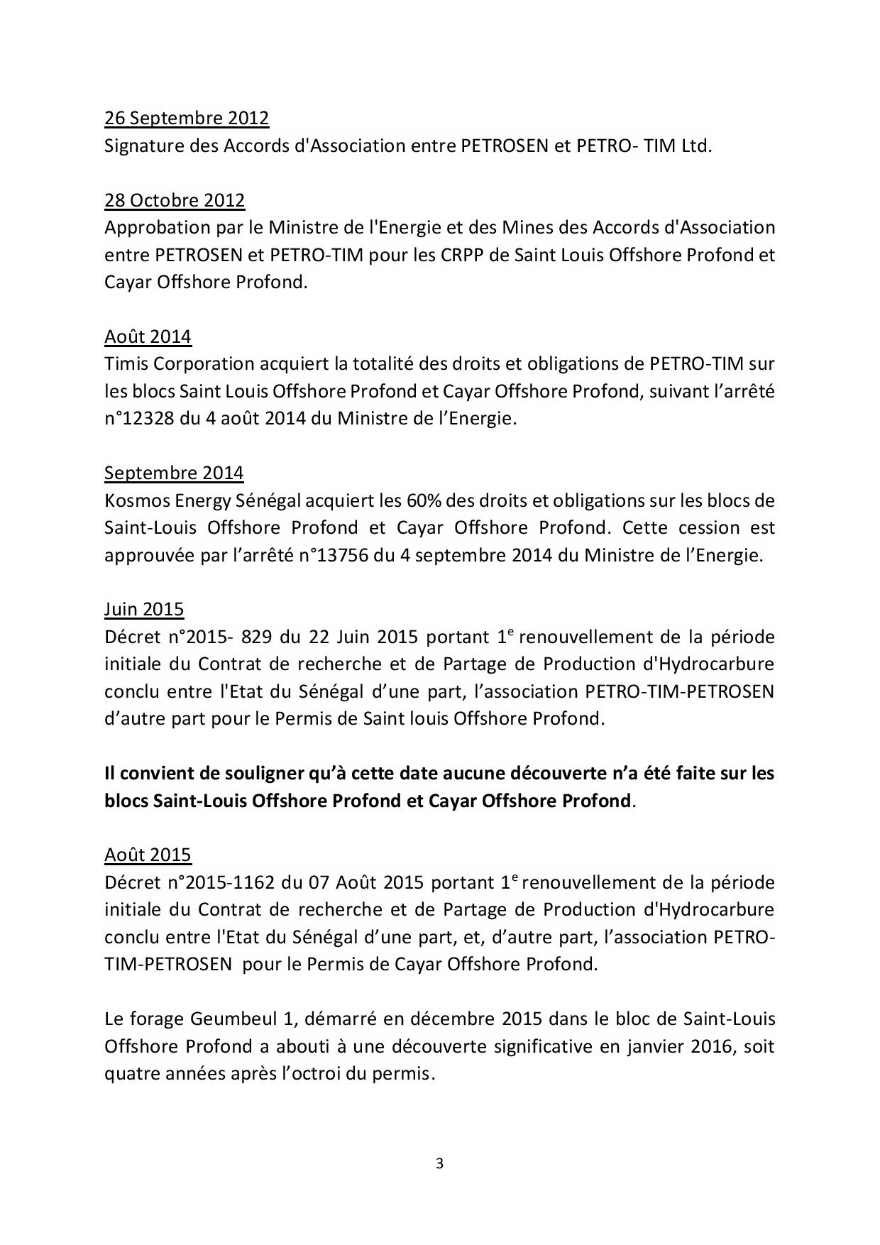 MEMORANDUM DU GOUVERNEMENT DE LA REPUBLIQUE DU SENEGAL  SUR LE PETROLE