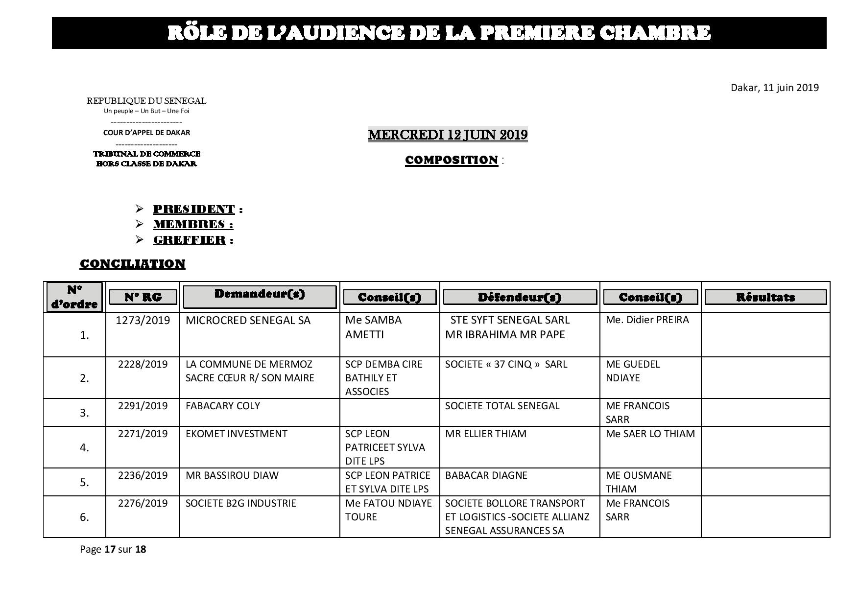 Rôle de l'Audience de la Première Chambre du tribunal du Commerce de ce mercredi 12 juin 2019 Rôle de l'Audience de la Première Chambre du tribunal du Commerce de ce mercredi 12 juin 2019