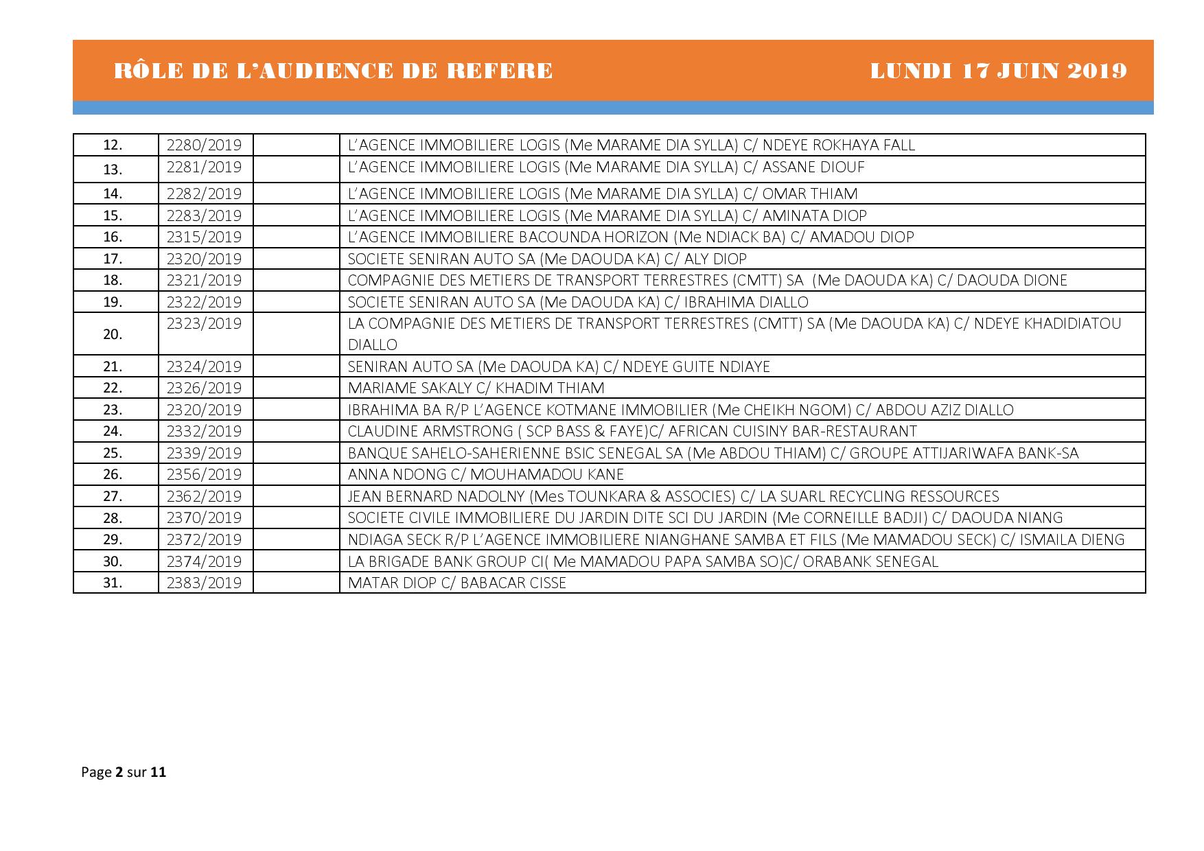 Audience de référés de ce lundi 17 juin 2019