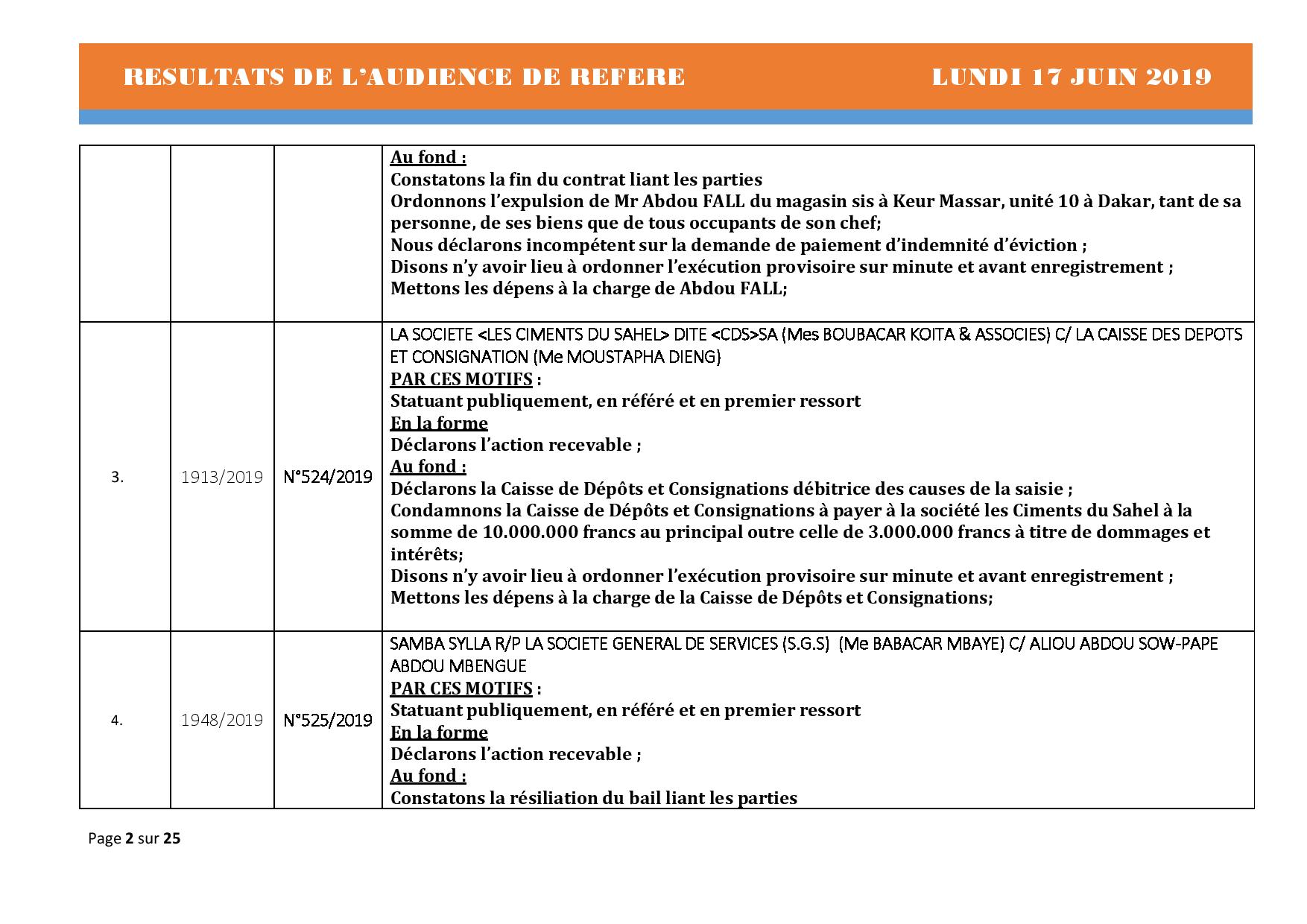 Délibérés de l'Audience des Référés de ce lundi 17 juin 2019