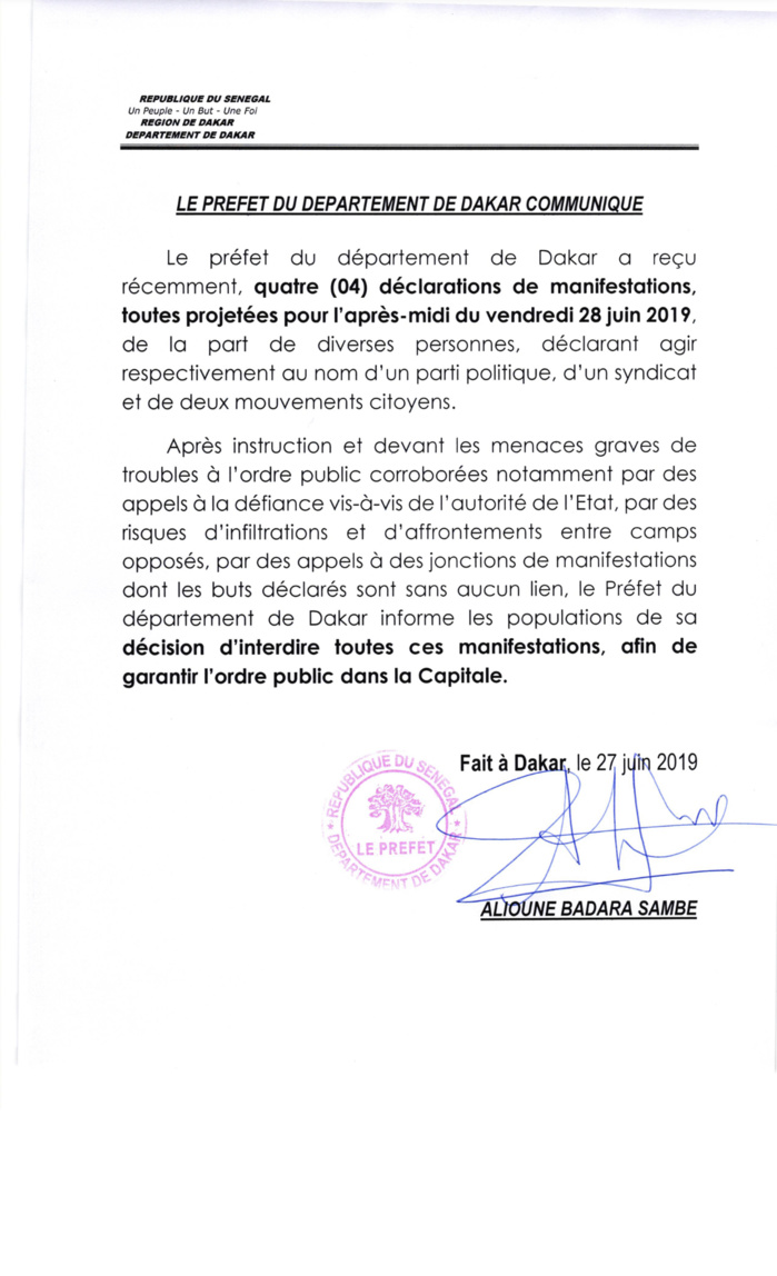 Urgent- Manifestation du vendredi 28 juin 2019 à la Place de la Nation: Le préfet prend position (Document)