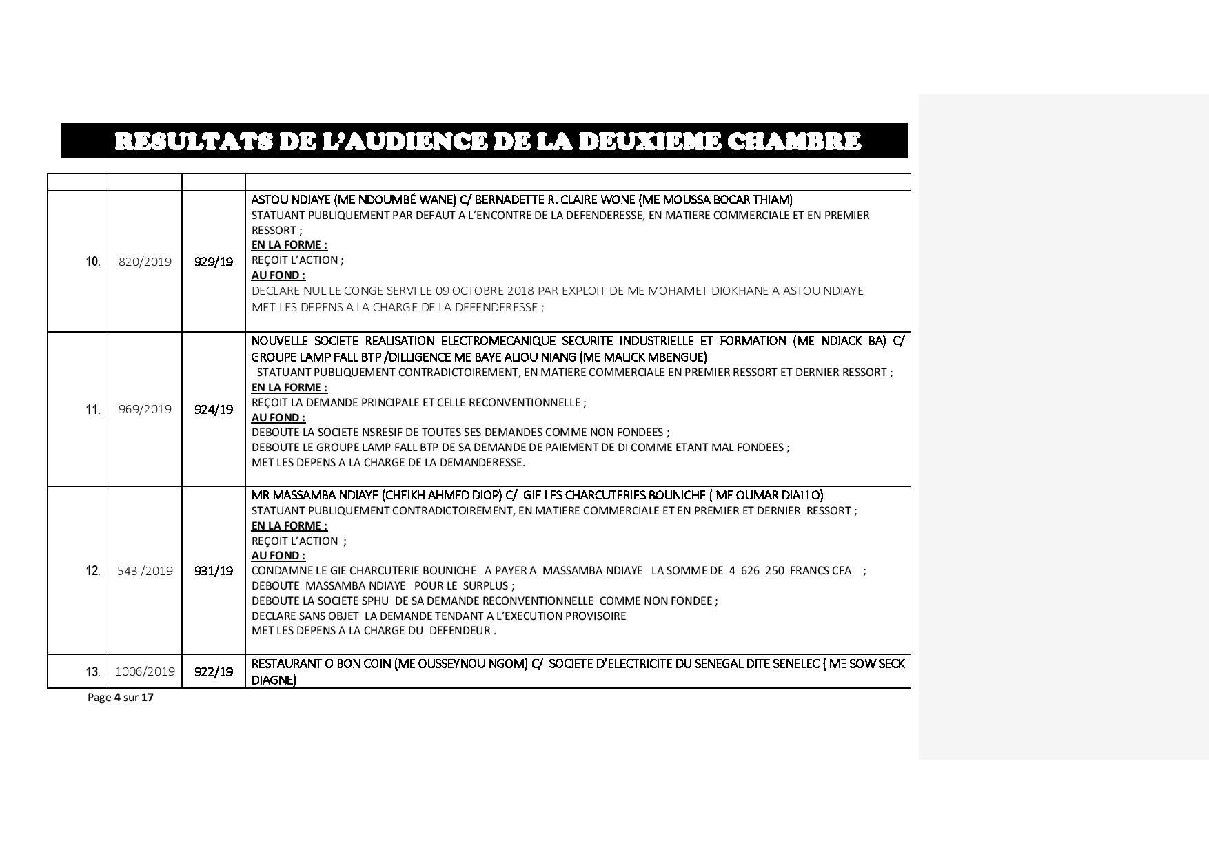 Tribunal du Commerce : Délibérés des Audiences de ce jeudi 27 juin 2019 Tribunal du Commerce : Délibérés des Audiences de ce jeudi 27 juin 2019