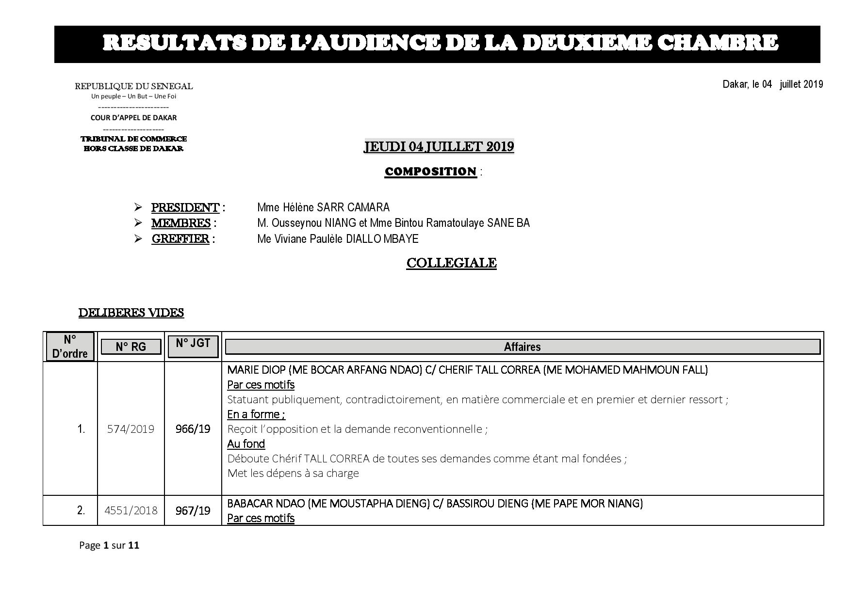 Tribunal du Commerce : Délibérés des Audiences du jeudi 4 juillet 2019 Tribunal du Commerce : Délibérés des Audiences du jeudi 4 juillet 2019